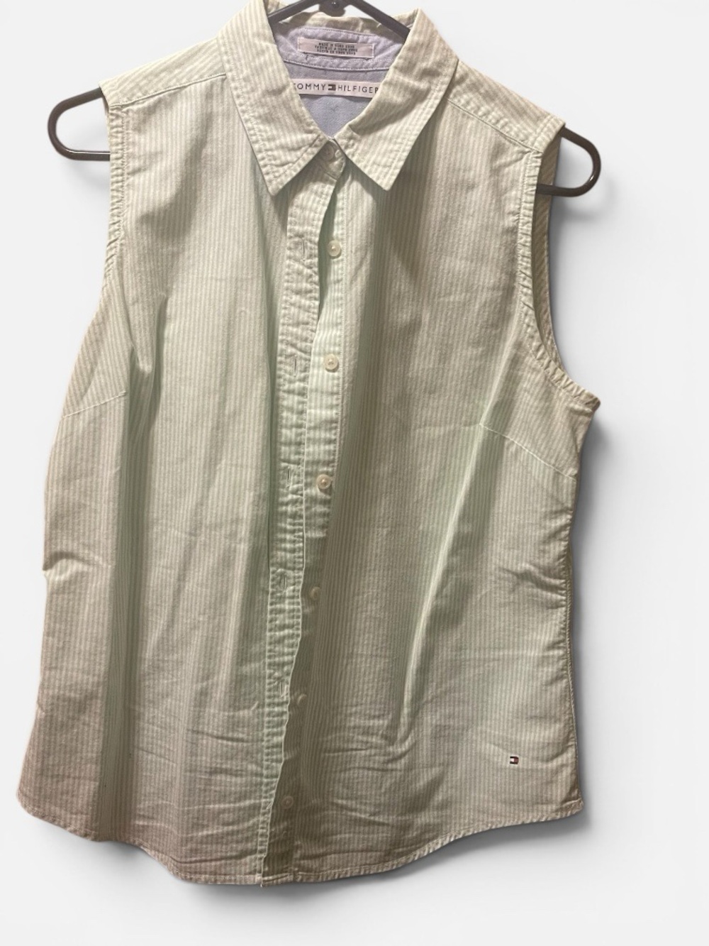 Tommy Hilfiger Light Green and White Striped Sleeveless Button-Down